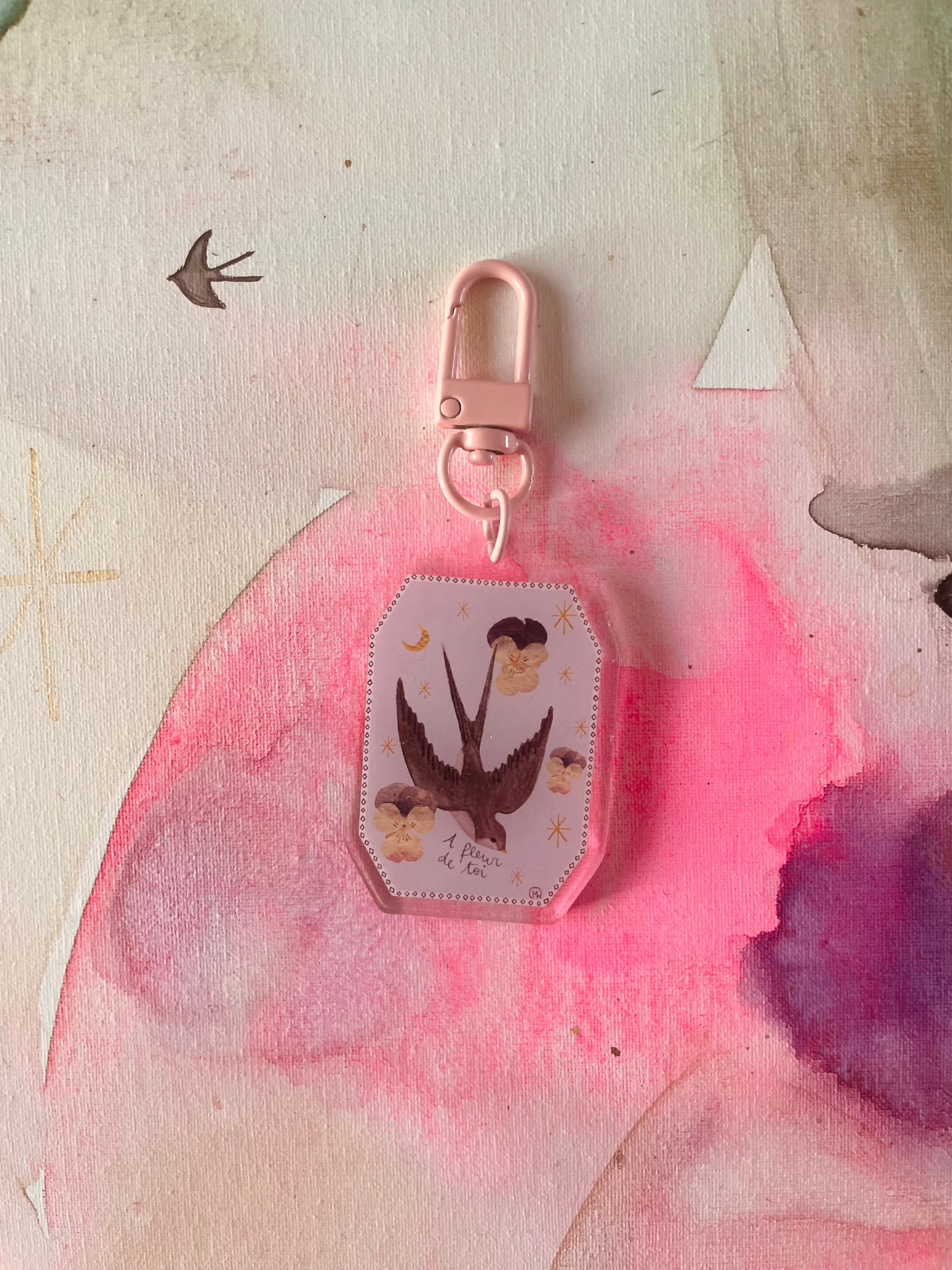 Porte-clé "Hirondelle & Fleurs" - acrylique double face transparent