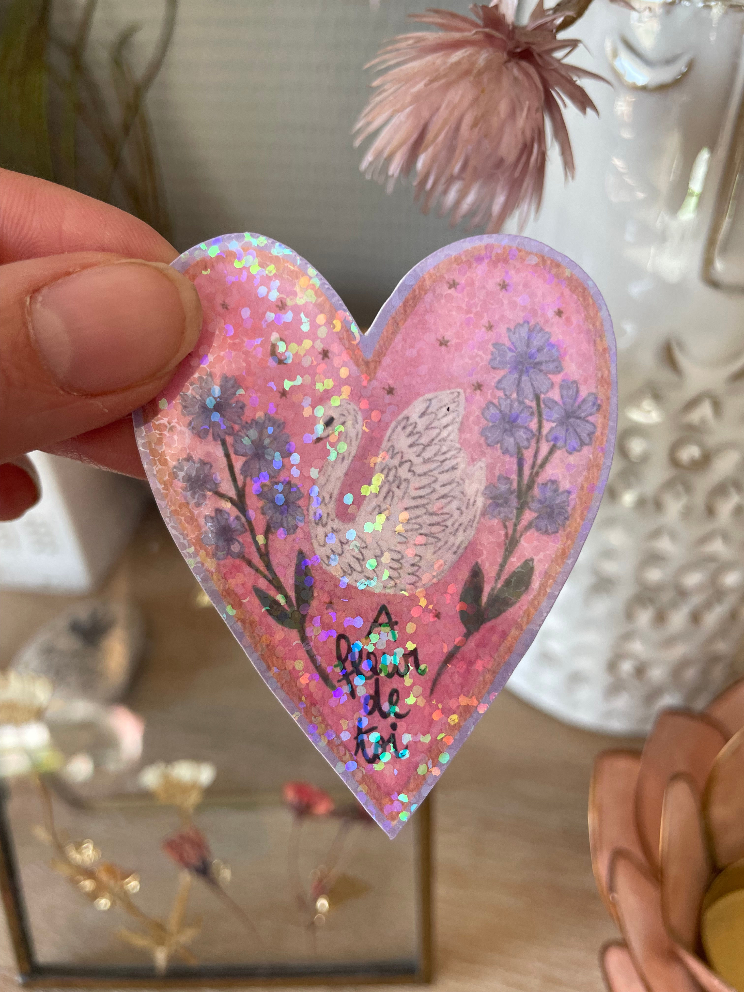 Sticker Vinyle "Cygne Cœur" Pailleté ou Holographique - Autocollant vinyle