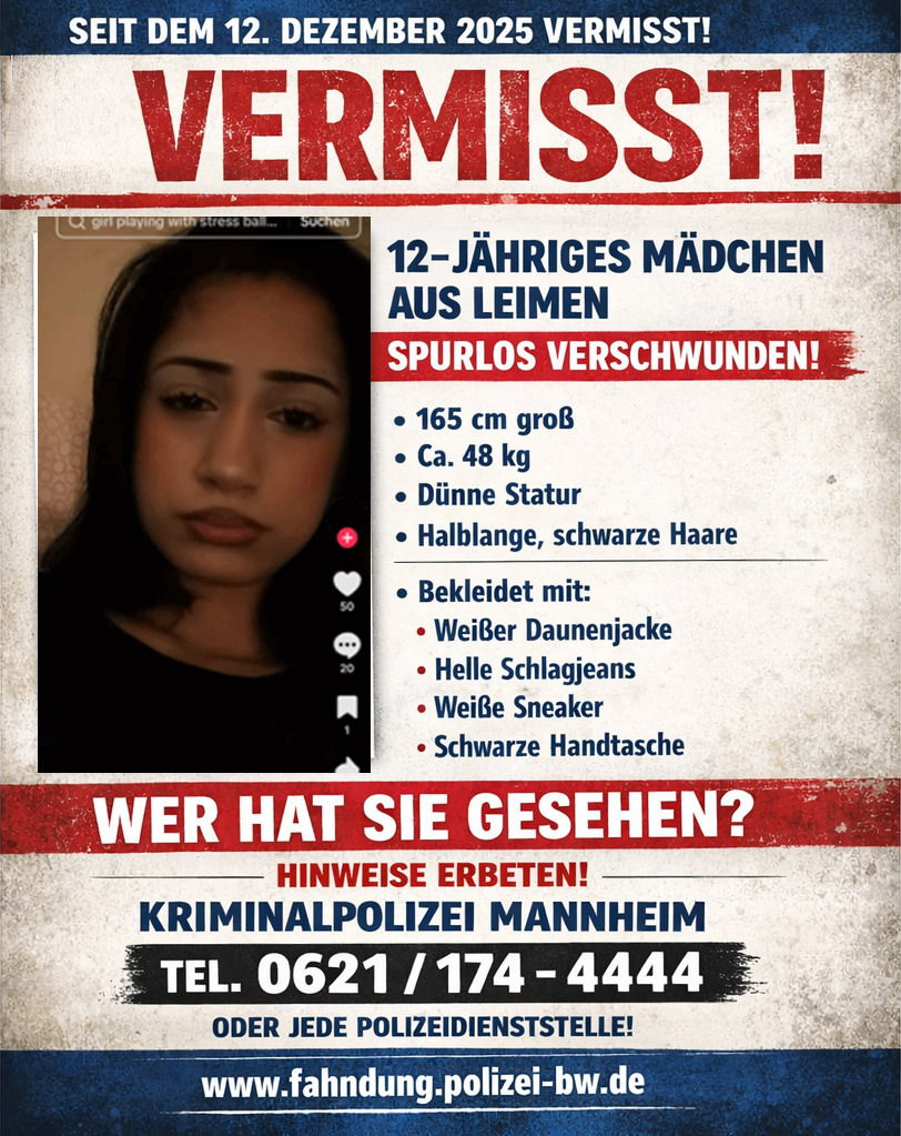 POL-MA: Leimen/Rhein-Neckar-Kreis: 12-Jährige vermisst - Öffentlichkeitsfahndung