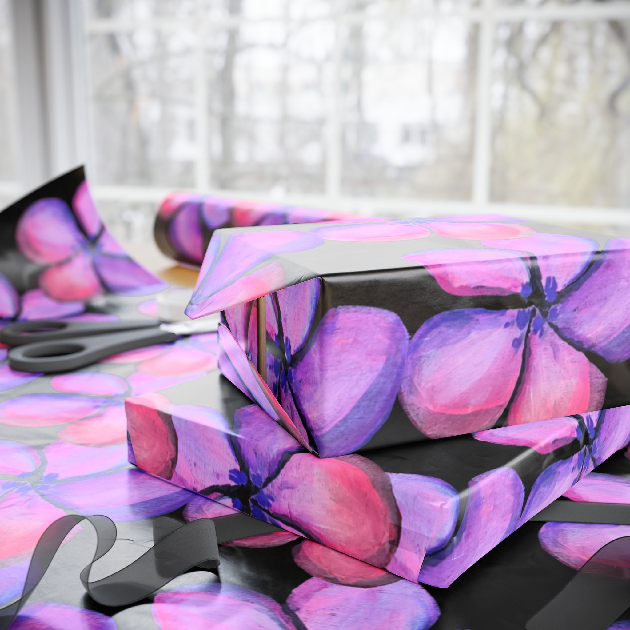 Floral Wrapping Paper Roll — Pink & Purple Petal Pattern on Black