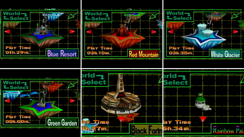Bomberman 64 World Select screen with floating islands labeled Blue Resort, Red Mountain, White Glacier, Green Garden, Black Fortress, Rainbow Palace. Play times shown.