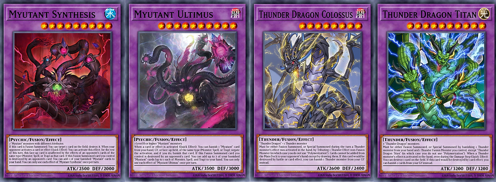Four Yu-Gi-Oh! cards: Myutant Synthesis, Myutant Ultimus, Thunder Dragon Colossus, and Thunder Dragon Titan, each with unique designs and effects.