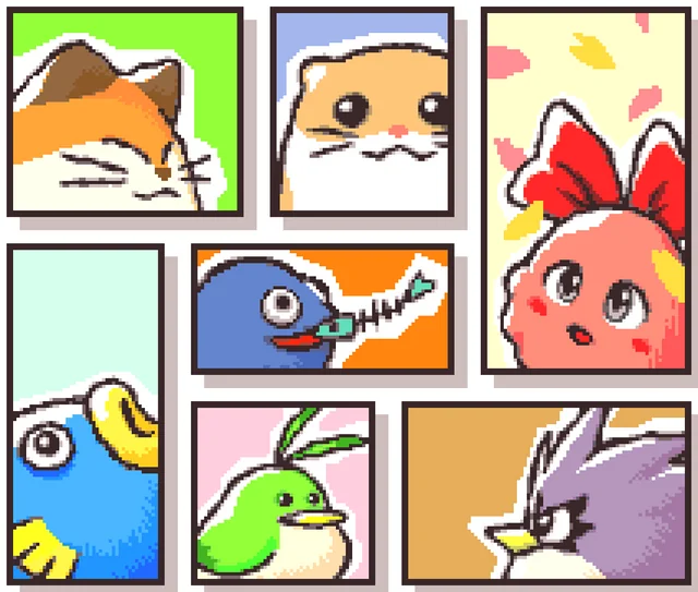 Colorful cartoon portraits of animals and creatures in a grid. Includes a cat, hamster, birds, and a pink character with a red bow. Bright background.