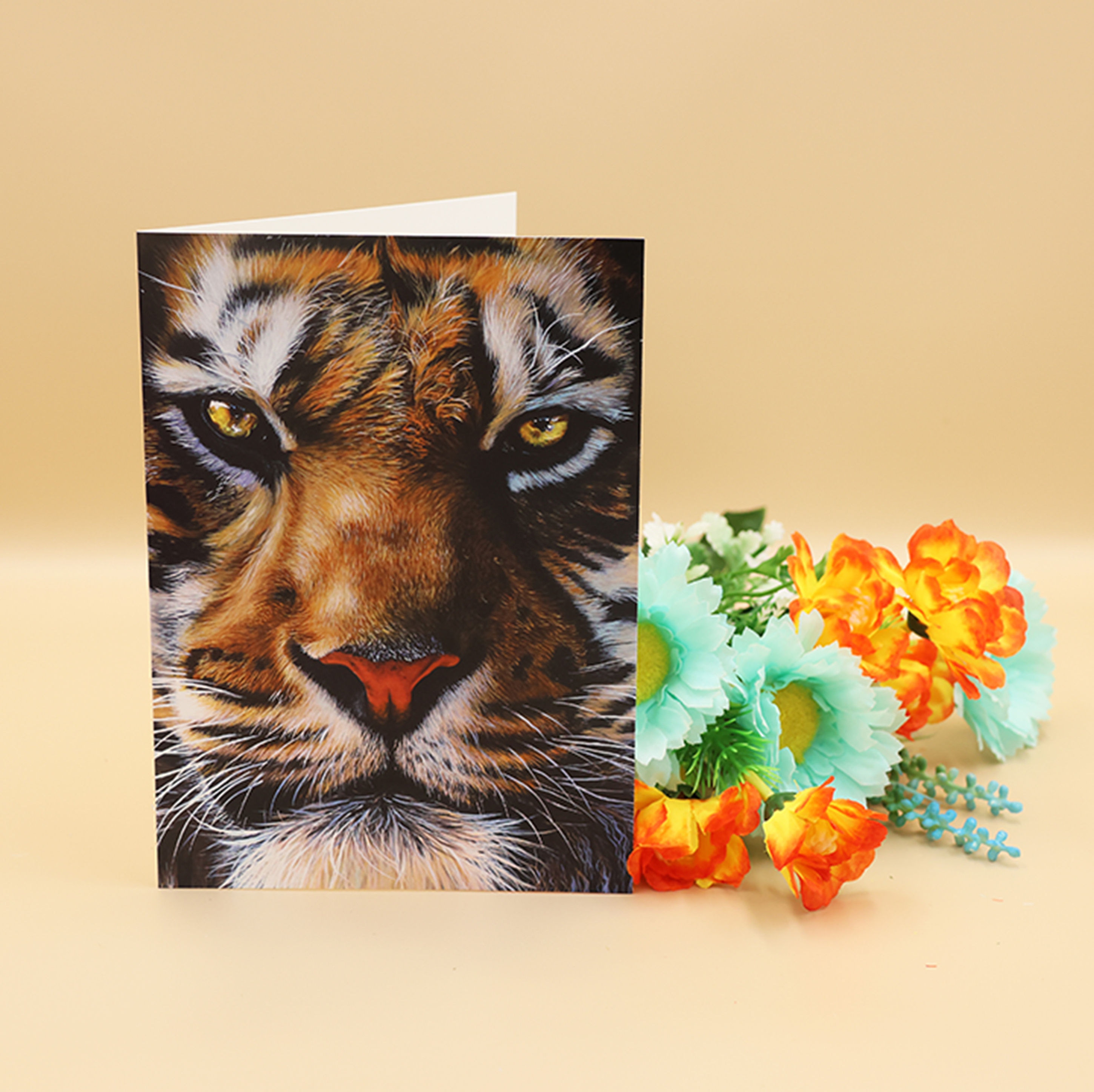 A 7 x 5 inch dramatic Tiger card featuring a print of the painting Defiance, by Sophie Parkhill of SP Wildlife Art