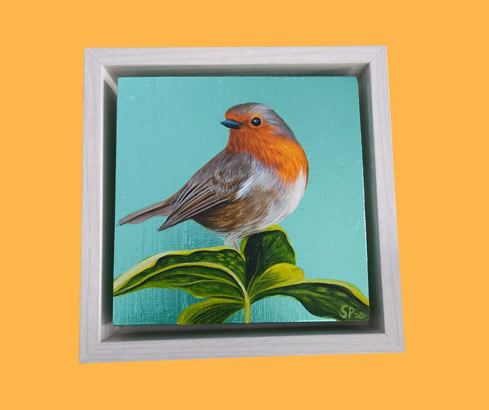 Thumbnail: European Robin Painting in acrylic and turquoise metal leaf by Sophie Parkhill, SP Wildlife Art