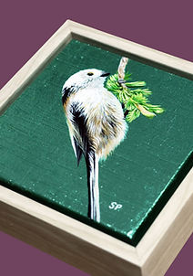 An original acrylic painting of a long-tailed tit bird with turqoise metal leaf background