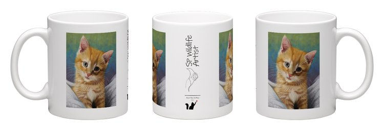 Thumbnail: a white 325ml ceramic mug with a print of a kitten painting by SP Wildlife Art