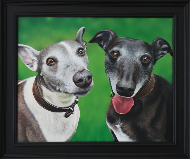 An acrylic pet portrait painting of greyhound dogs by sophie parkhill of sp wildlife art