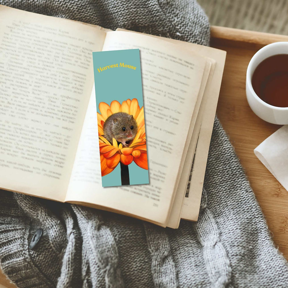 Thumbnail: A bookmark with a print of a harvest mouse on a flower from a painting by Sophie Parkhill called Flower Bed