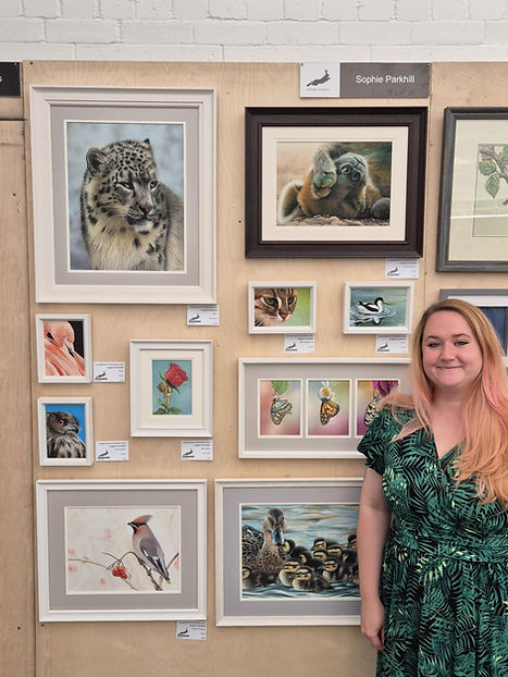 Sophie Parkhill of SP Wildlife Art at the preview event of Exhibition Wildlife Art in 2025 with her original wildlife paintings