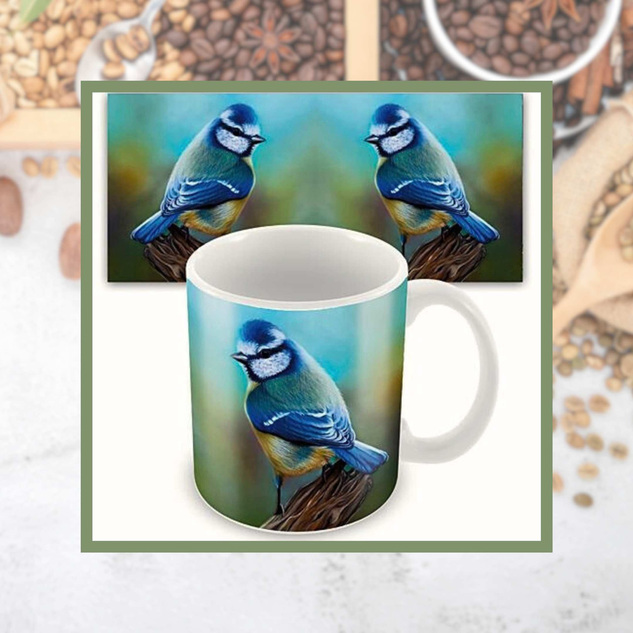 A 330ml mug featuring a Blue Tit painting called Dreamer by Sophie Parkhill of SP Wildlife Art