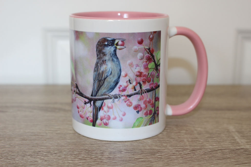 Thumbnail: A 325ml ceramic mug with mirrored wrap around print of a sparrow with berries, painted by Sophie Parkhill of SP Wildlife Art