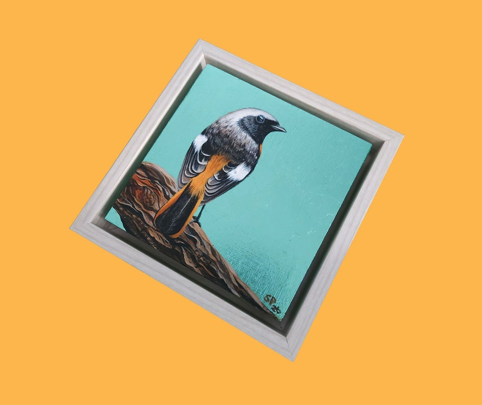 Thumbnail: A painting of a white-winged redstart on turquoise metal leaf, by Sophie Parkhill, SP Wildlife Art