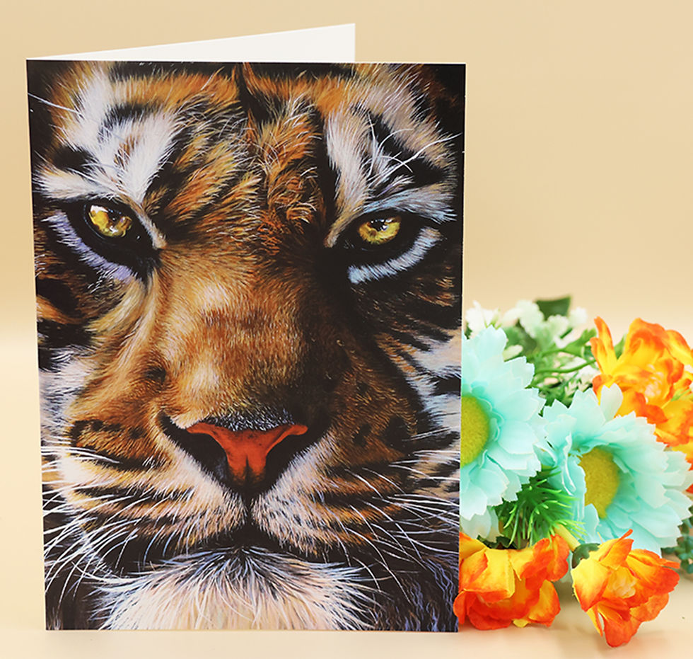 A 7 x 5 inch dramatic Tiger card featuring a print of the painting Defiance, by Sophie Parkhill of SP Wildlife Art