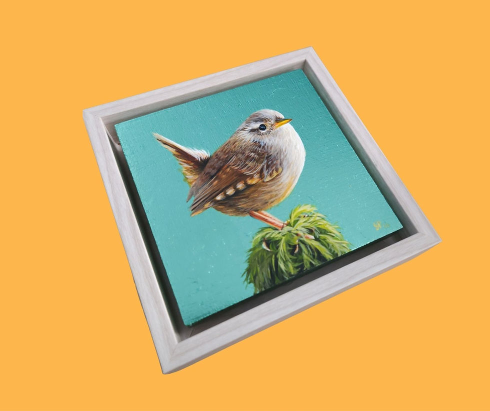Thumbnail: Original painting of a Wren, on turquoise metal leaf background, by Sophie Parkhill, SP Wildlife Art