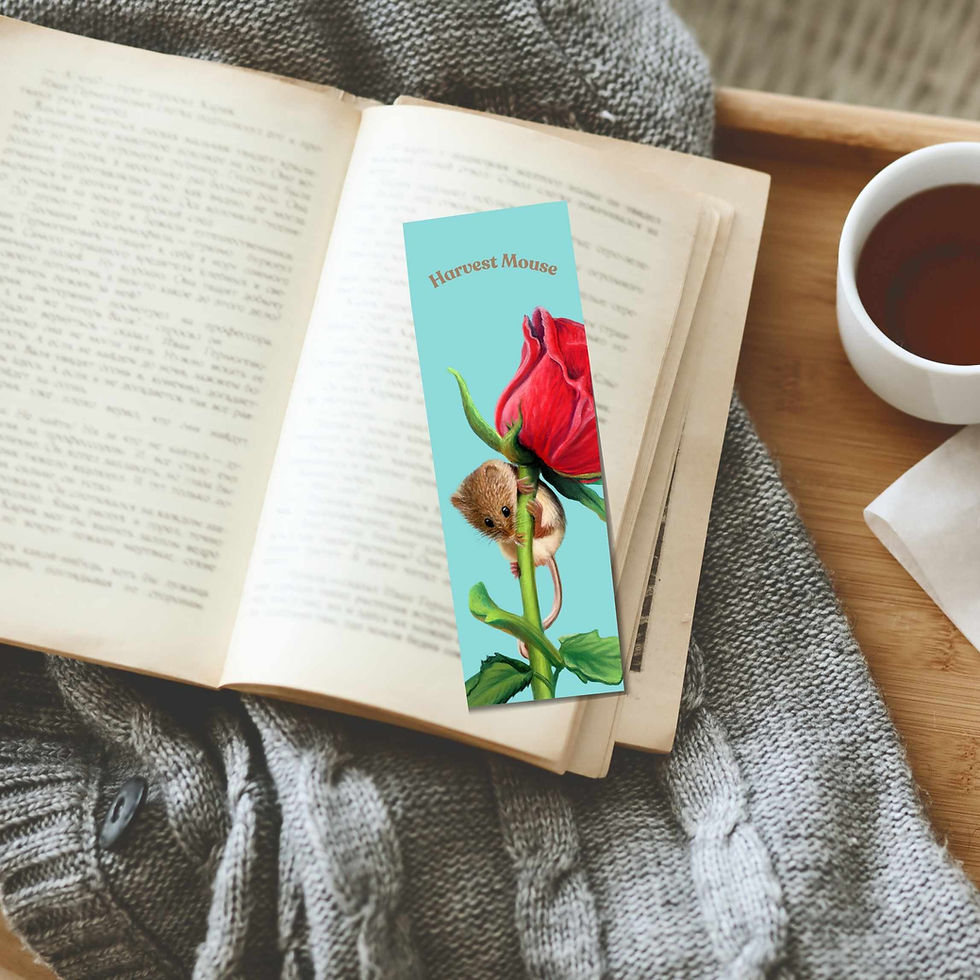 A bookmark featuring a painting of a harvest mouse climbing up a rose, with a blue background. By uk artist Sophie Parkhill.