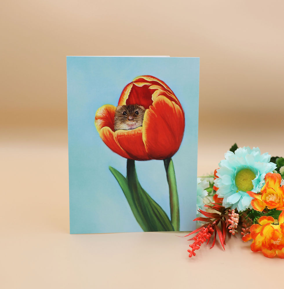 A 7 x 5 inch greetings card with a print of a harvest mouse inside a tulip flower, painted by Sophie Parkhill of SP Wildlife