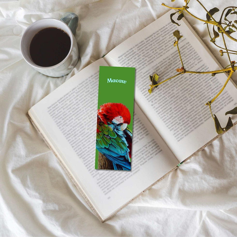 Thumbnail: A Red and Green Macaw bookmark with an art print by Sophie Parkhill of SP Wildlife Art