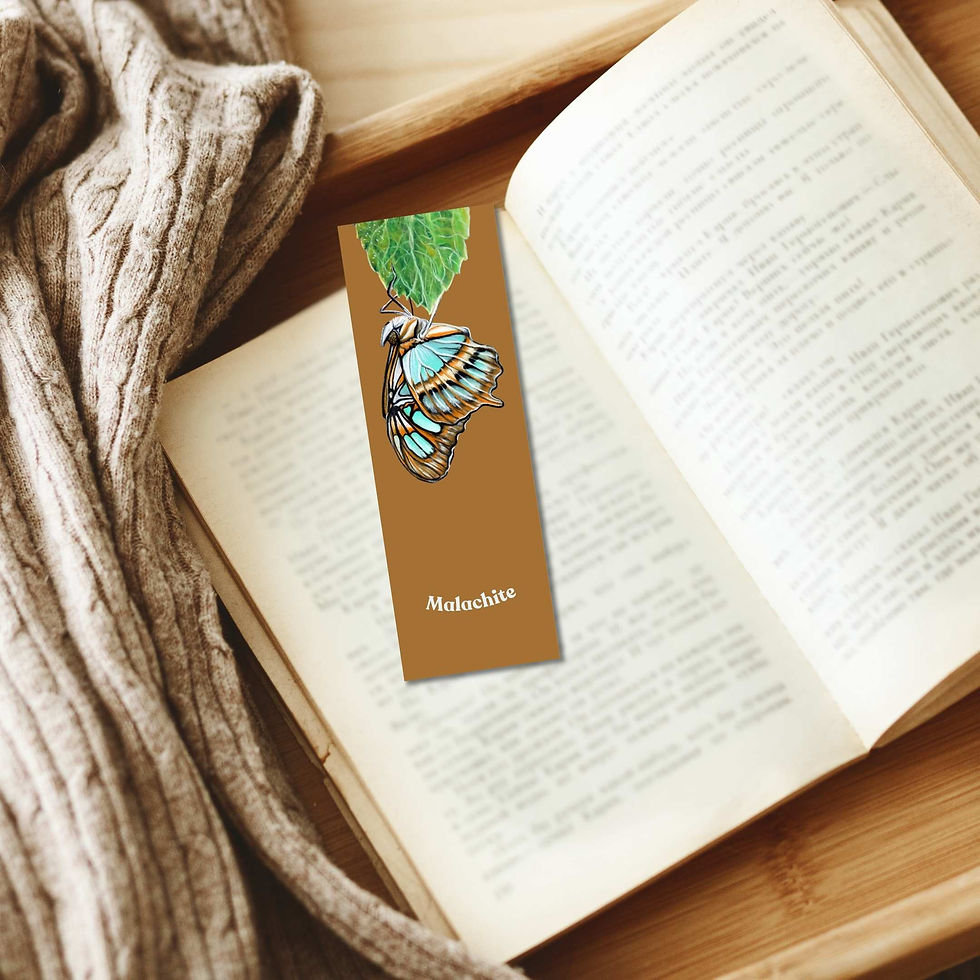 Thumbnail: A butterfly bookmark with a print of a Malachite painting by Sophie Parkhill of SP Wildlife Art