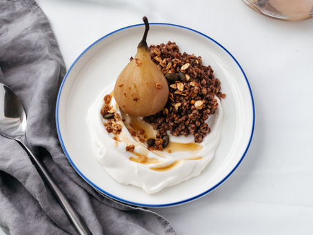 Poached Pear with Chocolate Buckwheat and Yogurt