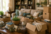 Packed moving boxes with books, lamps and houseplants in a lived-in living room