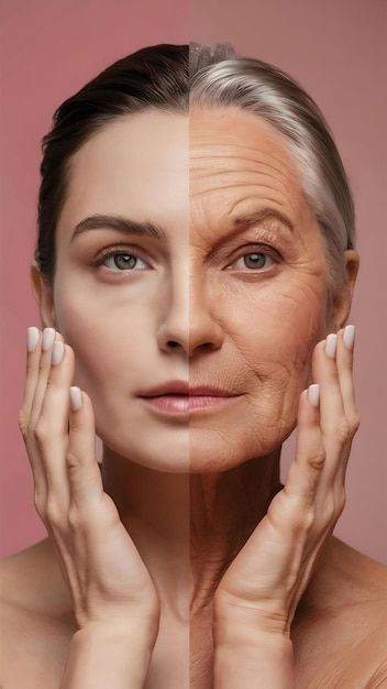 Groomed and aged facial skin simultaneously highlighting transformative power of skincare
