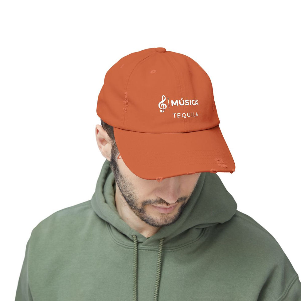 Thumbnail: Música Tequila Distressed Cap, dark color hat, white logo
