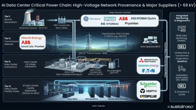 Infographic of AI data center power chain from generation to servers, with grid towers, substations, and brand logos.