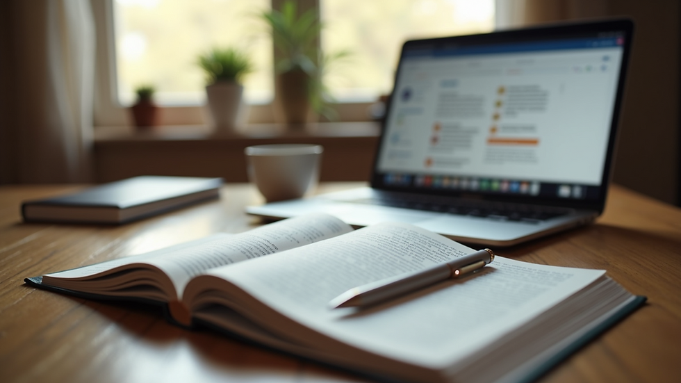Eye-level view of a cozy home office with a laptop and wellness books