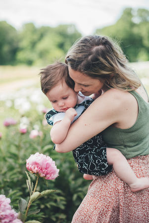 Mother and son in peony field / Summer Family Photo Session / Chester County Family Photographer