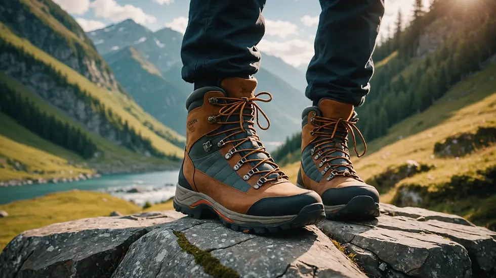 Eye-level view of sturdy hiking boots