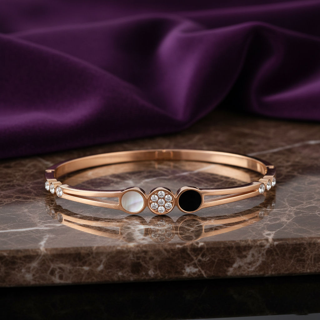 rose gold plated split Kada bracelet for women with white mother of pearl and black onyx circle inlays