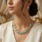 Turquoise Pearl Jewellery Set with gold-plated necklace and matching earrings displayed on a stand.
