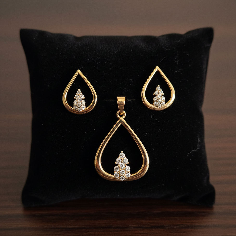 Close-up of a Gold Teardrop Pendant Set featuring a pear-shaped pendant and matching stud earrings