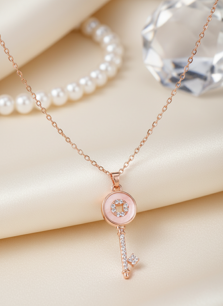 Eternal Key Pendant in rose gold with crystal detailing.