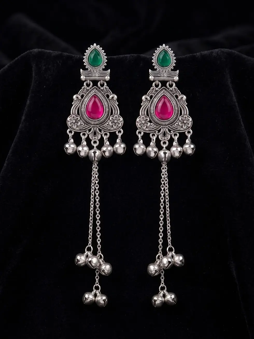 Thumbnail: Kashmiri long oxidised earrings with pink and green stones and ghungroo tassel chains.