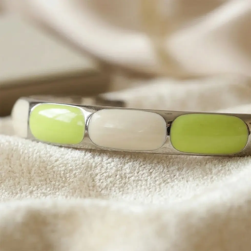 Silver-toned open cuff kada bracelet for women with a wide band inlaid with segmented lime green and white enamel