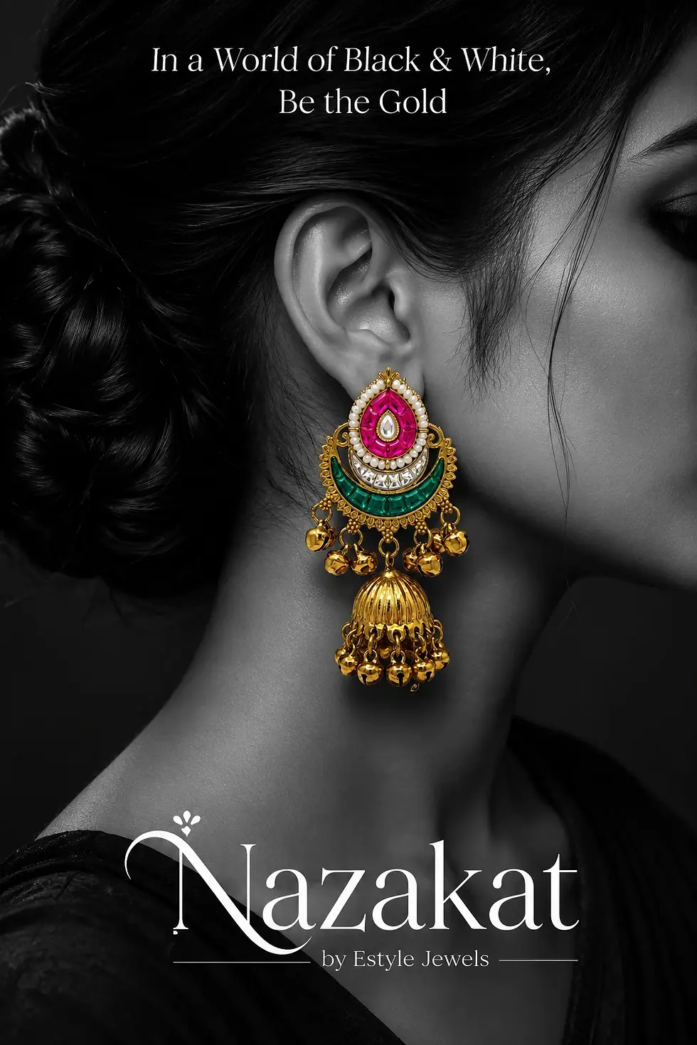 A pair of traditional Royal Gold Plated Kashmiri Brass Earrings featuring pink teardrop stones, green crescent details, white
