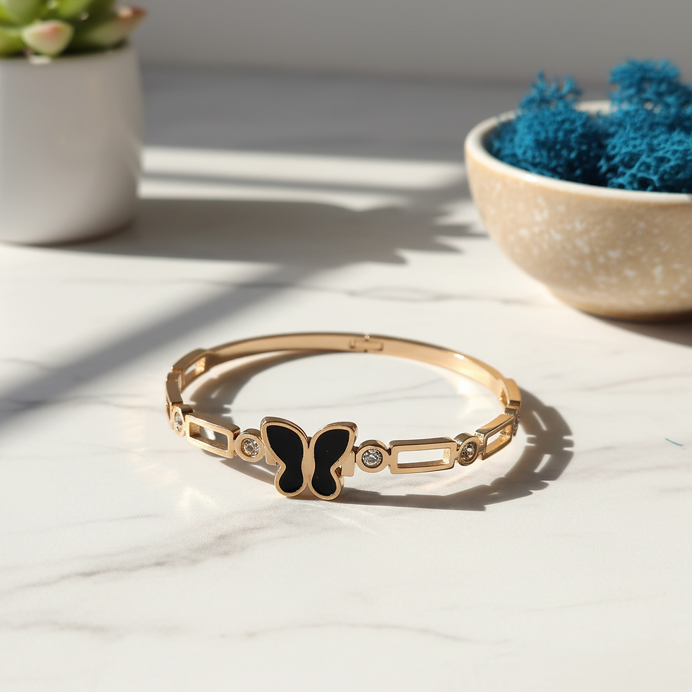 Rose gold plated hinged Kada bracelet for women featuring a black enamel butterfly charm and clear crystal