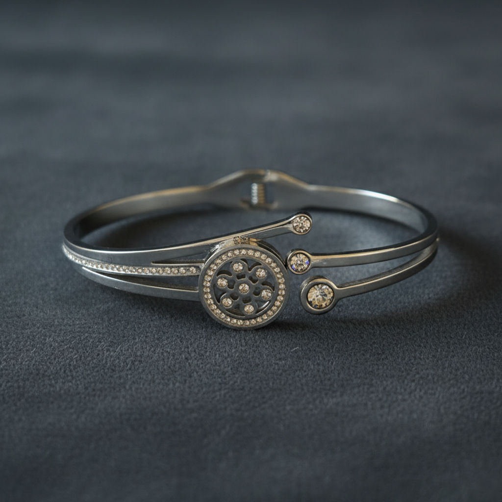 Silver-toned stainless steel split bangle kada bracelet for women, featuring a central circle with a geometric flower cutout