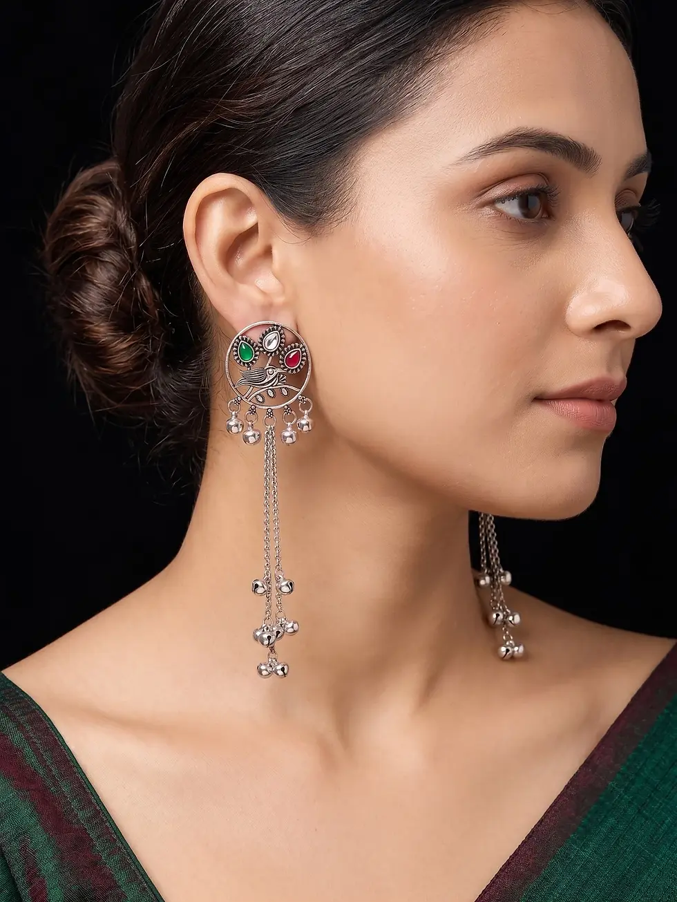 Thumbnail: Kashmiri Peacock Oxidised Silver Long Chain Earrings with Ghungroo