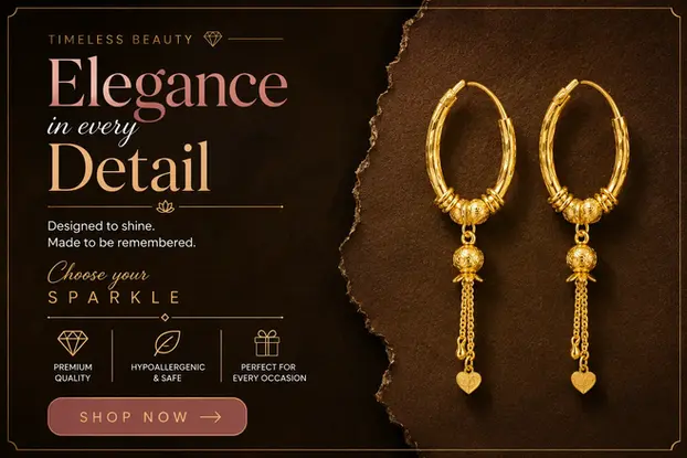 Gold Plated Hoop Earrings for Women with Textured Beads and Heart Tassel Hanging Design