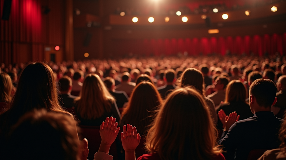 High angle view of a theater audience clapping for a performance