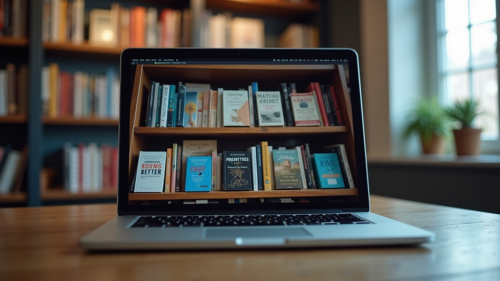 Eye-level view of a laptop screen showing a digital library of ebooks