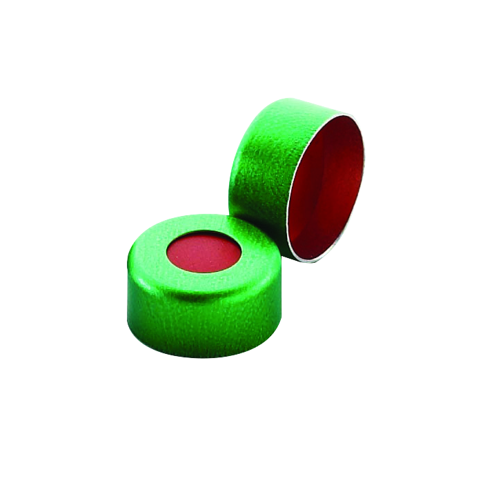 WHEATON Lined Aluminum Seal, PTFE / Silicone / PTFE, Open Top, Green, 11 mm