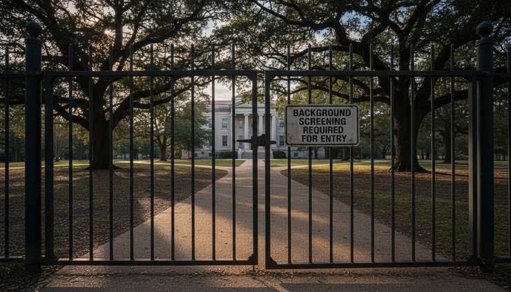 Eye-level view of an empty playground gate near a courthouse path