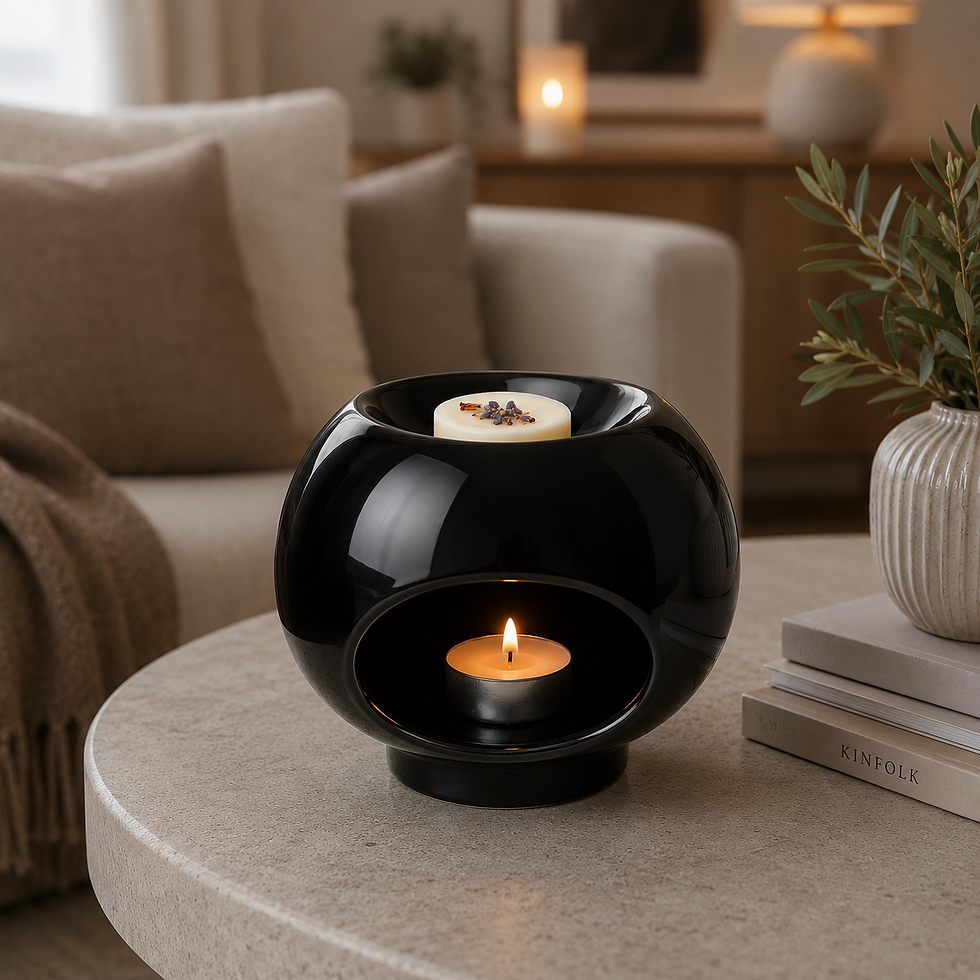 Black Prague Wax Burner with lit tea light on a table