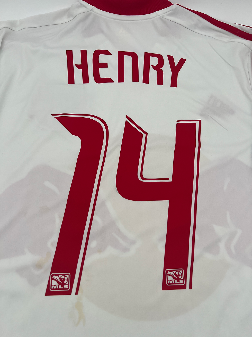Thumbnail: New York Red Bull 2012/2013 Home Henry #14 Soccer Jersey (XL) Back Close Up View
