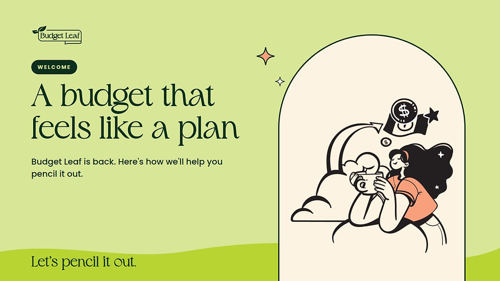 Budget Leaf blog header on a pale lime background. The title reads "A budget that feels like a plan," with the line "Budget Leaf is back. Here's how we'll help you pencil it out." On the right, an illustrated woman holds a warm mug and daydreams about her money goals inside a cream arch.