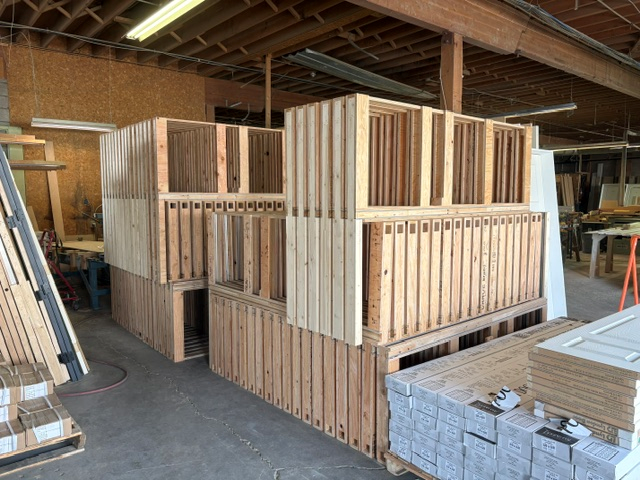 Fully assembled pocket door frames manufactured at Gunthers Calgary woodshop